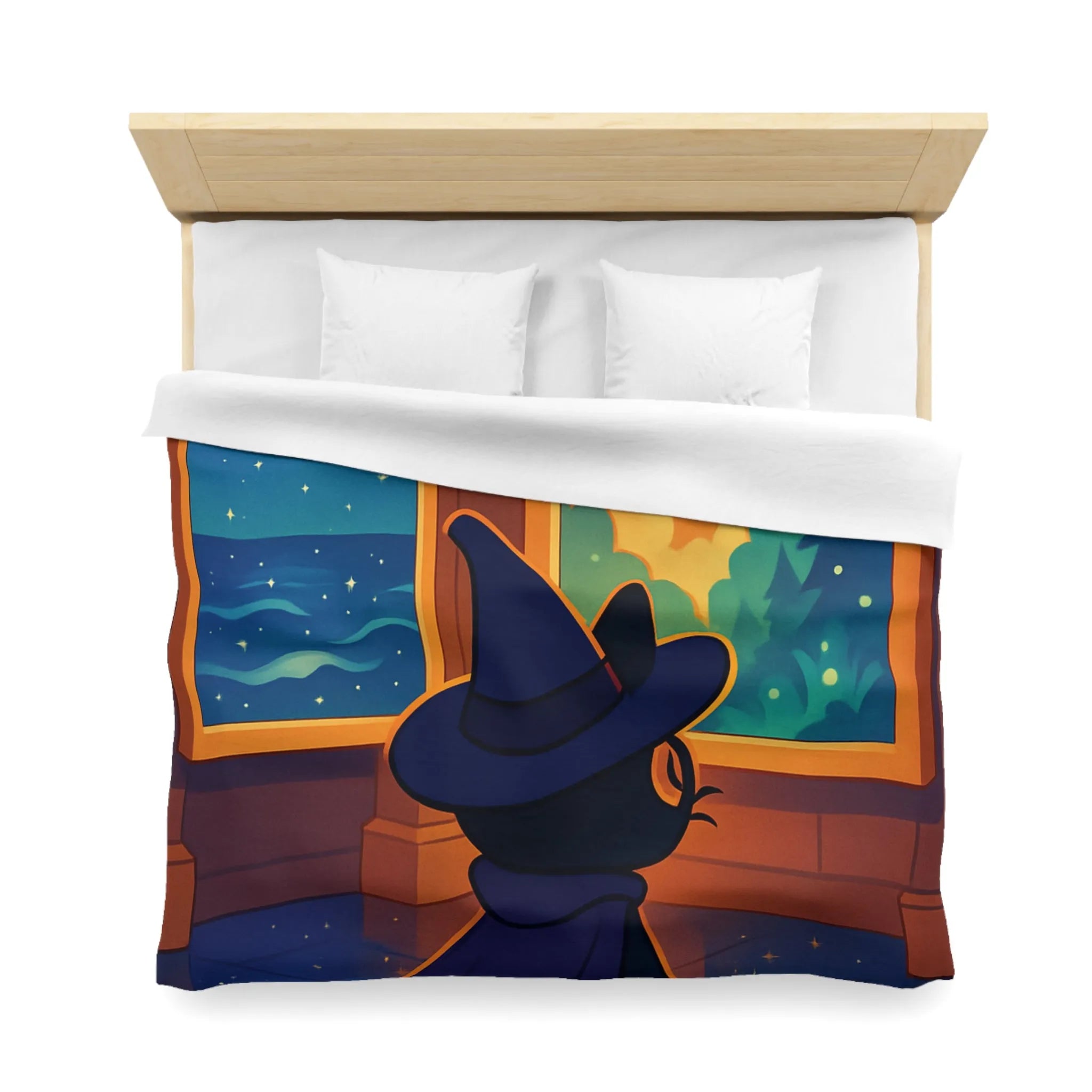 Housse de couette ambiance nocturne avec chat sorcier et paysages enchanteurs colorés