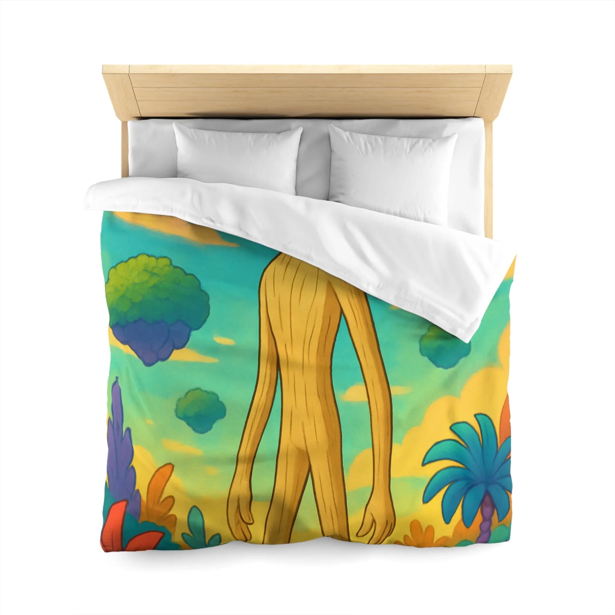 Housse de couette enchanteresse avec paysage coloré, créature en bois et papillons