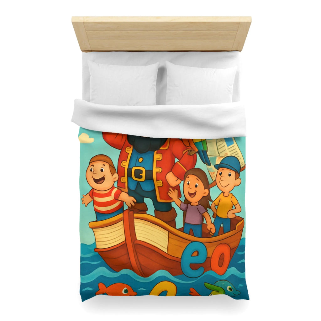 Housse de couette enfant pirate avec voyelles, perroquet et mer colorée