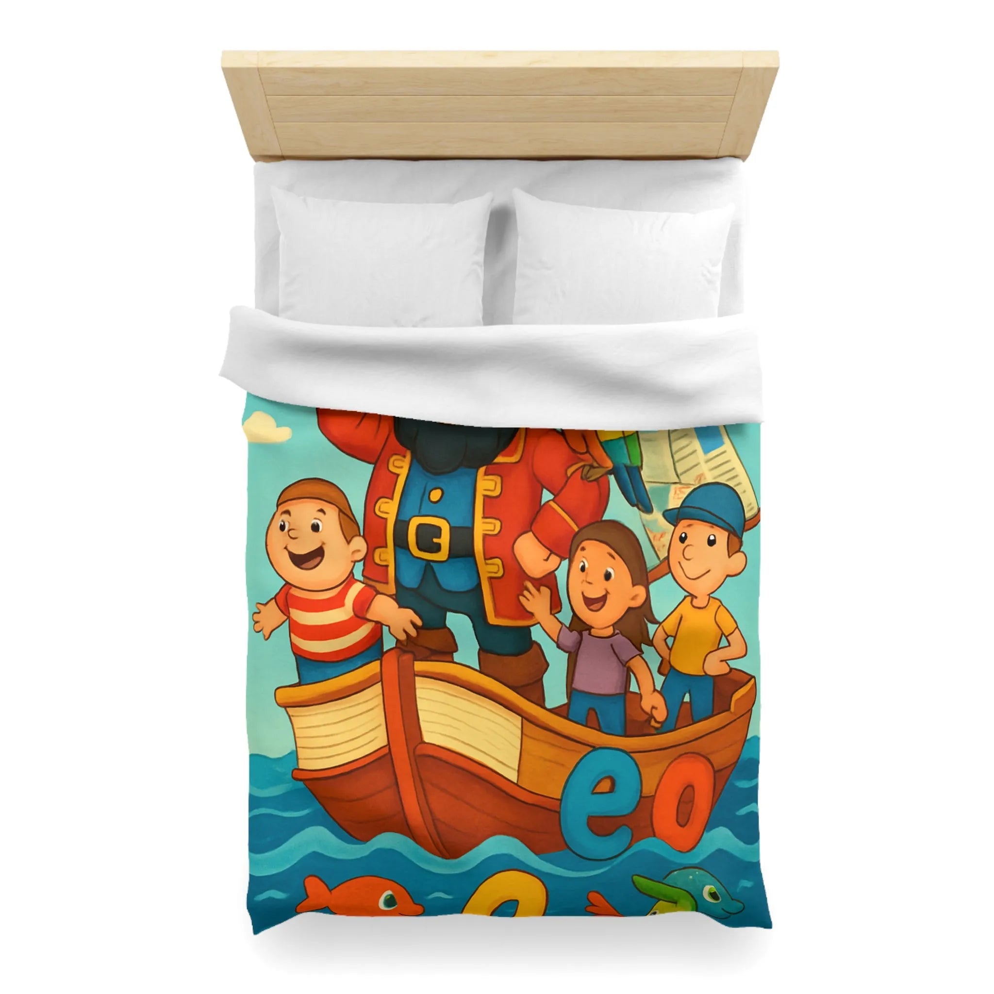 Housse de couette enfant pirate avec voyelles, perroquet et mer colorée