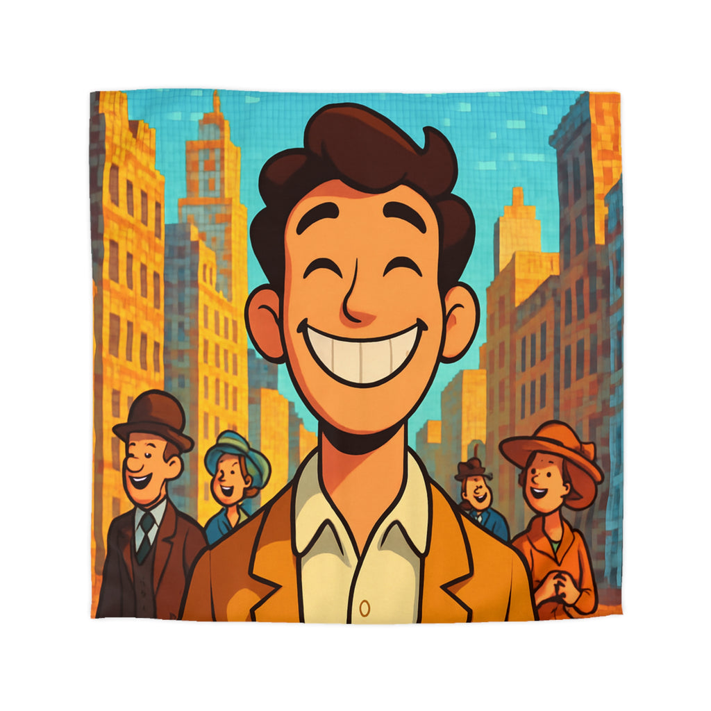 Housse de couette vintage avec personnages souriants et architecture urbaine en arrière-plan