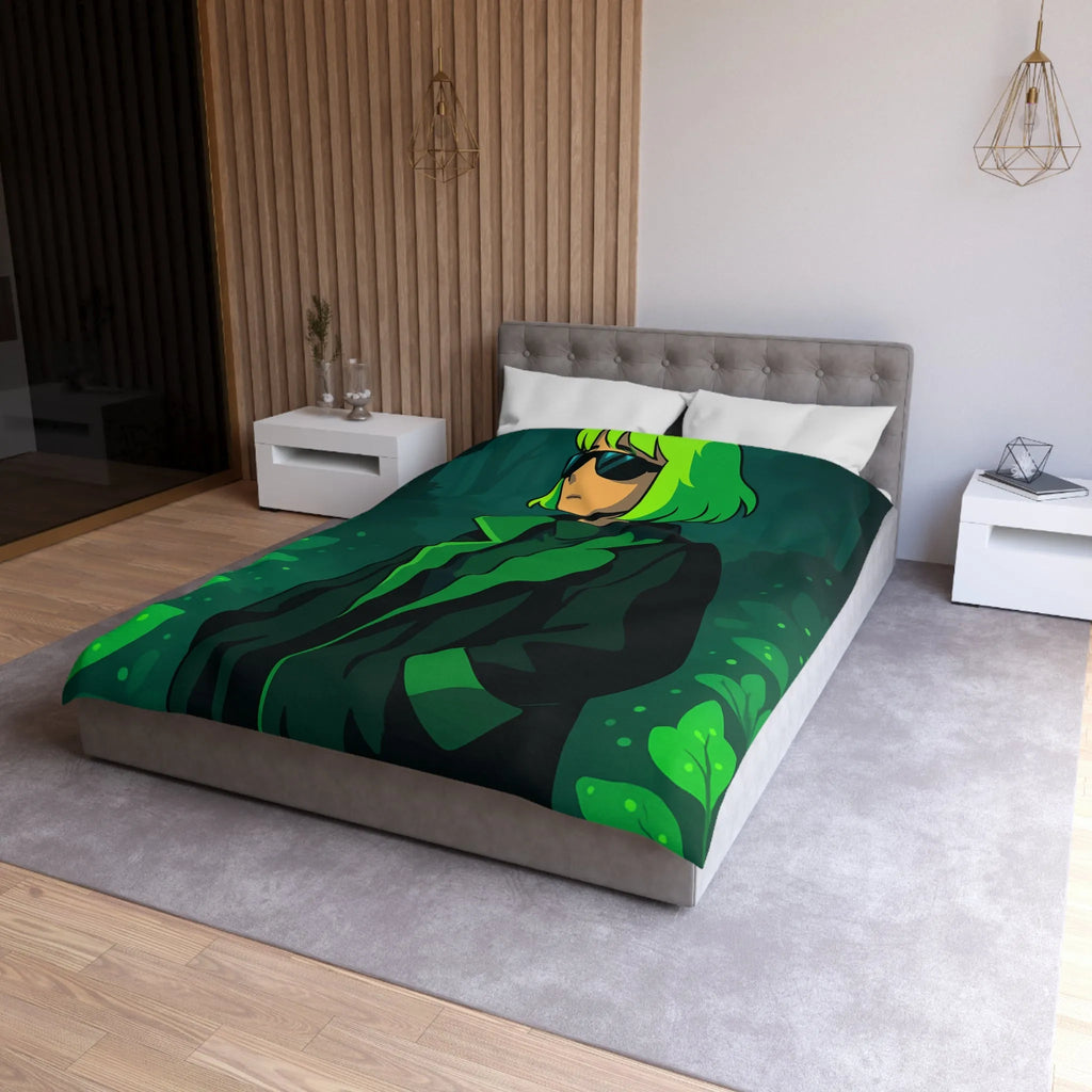 Housse de couette forêt graphique avec personnage mystérieux et nuances vertes élégantes