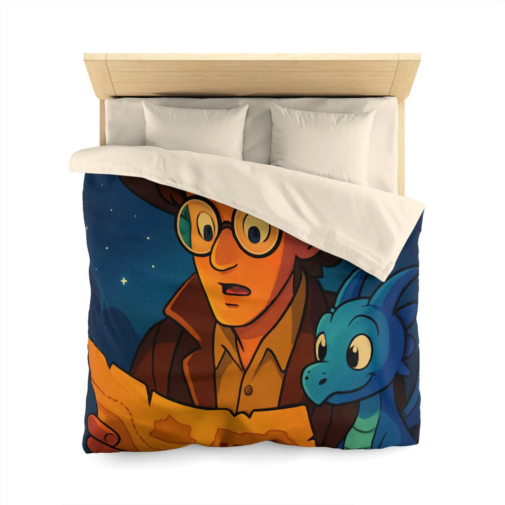 Aventure nocturne avec explorateur et dragon bleu sous planètes mystiques sur fond étoilé