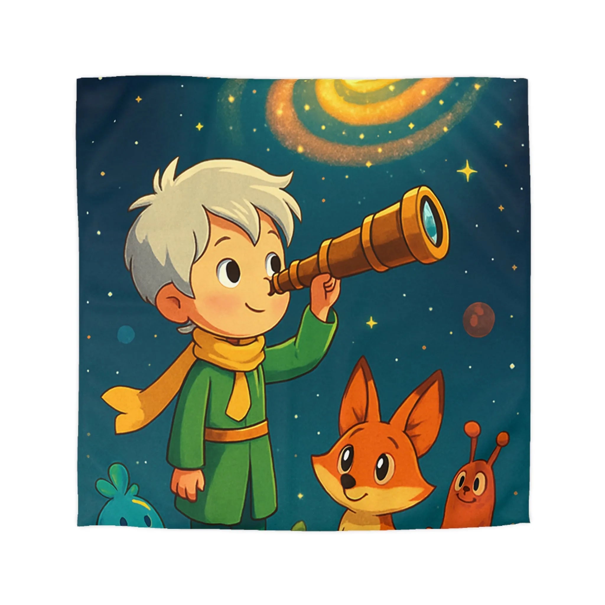 Housse de couette enfant rêveur observant les étoiles avec télescope et animaux adorables