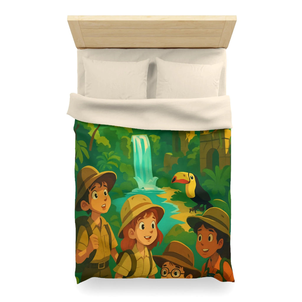 Housse de Couette Jungle Aventure Enfants avec Toucan, Monuments et Cascade Colorés