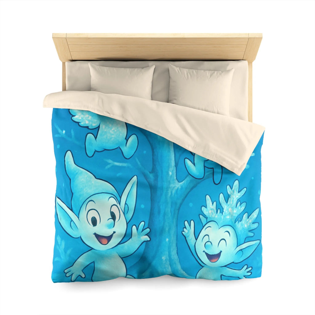 Housse de couette féerique avec lutins bleus dans forêt enchantée hivernale et magique