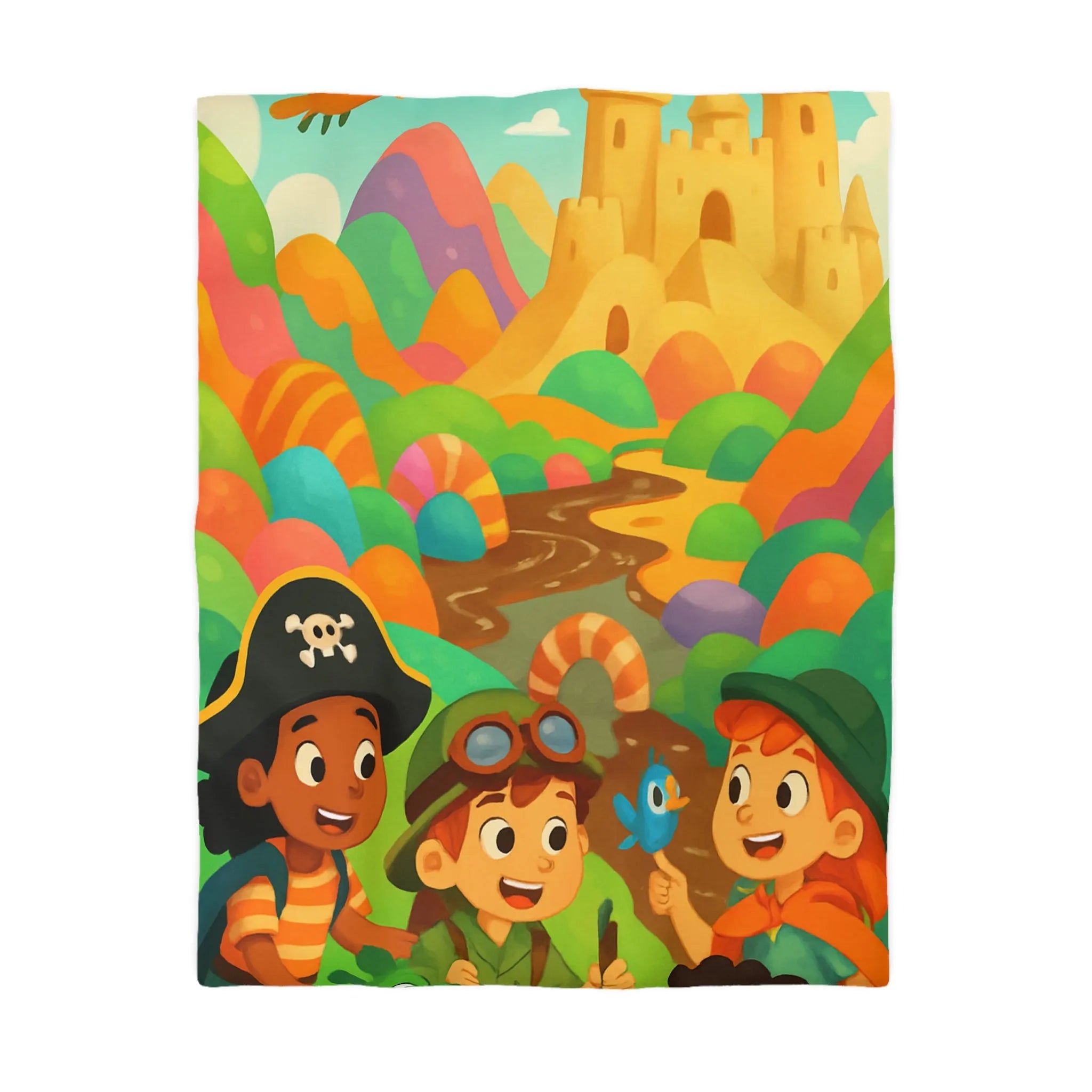 Housse de couette ludique pour enfants avec château et aventuriers aux couleurs vives