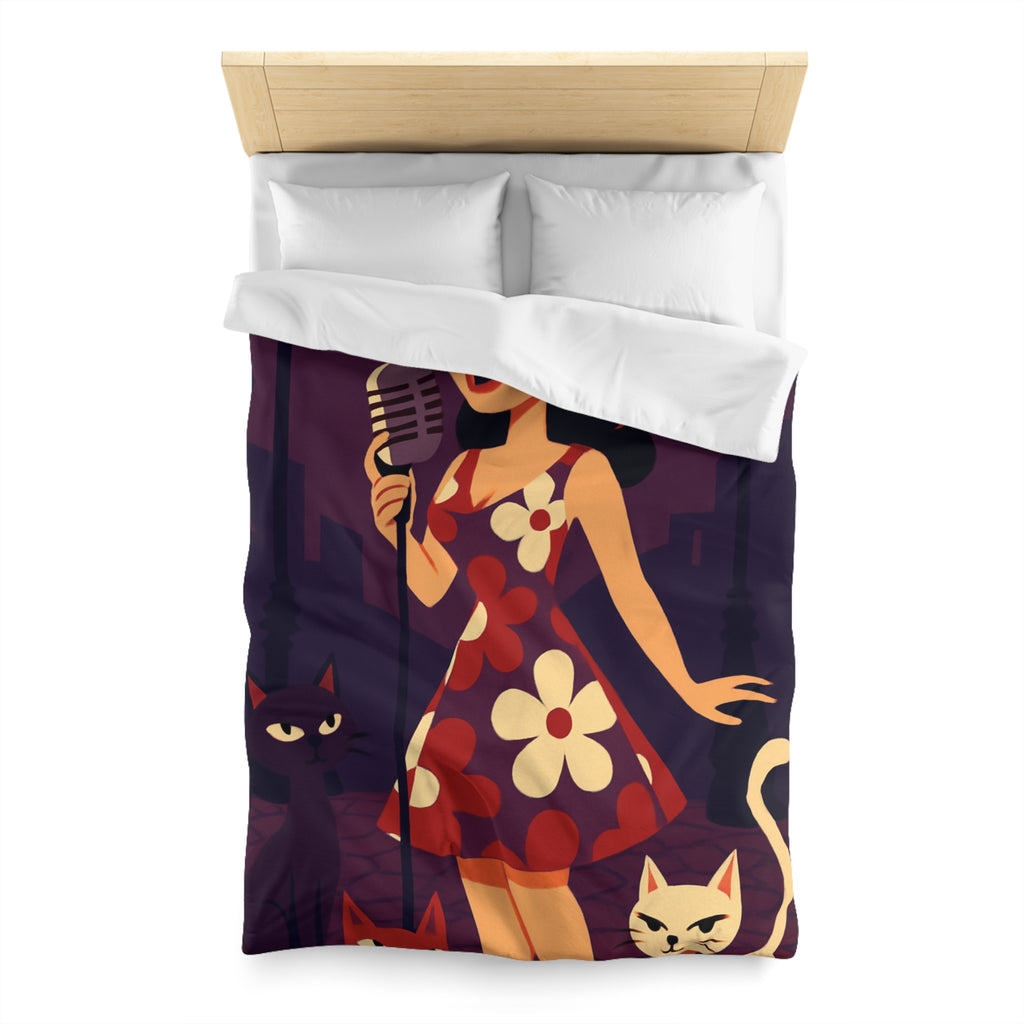 Housse de Couette Vintage avec Chanteuse Rétro et Chats sous Réverbères Nocturnes