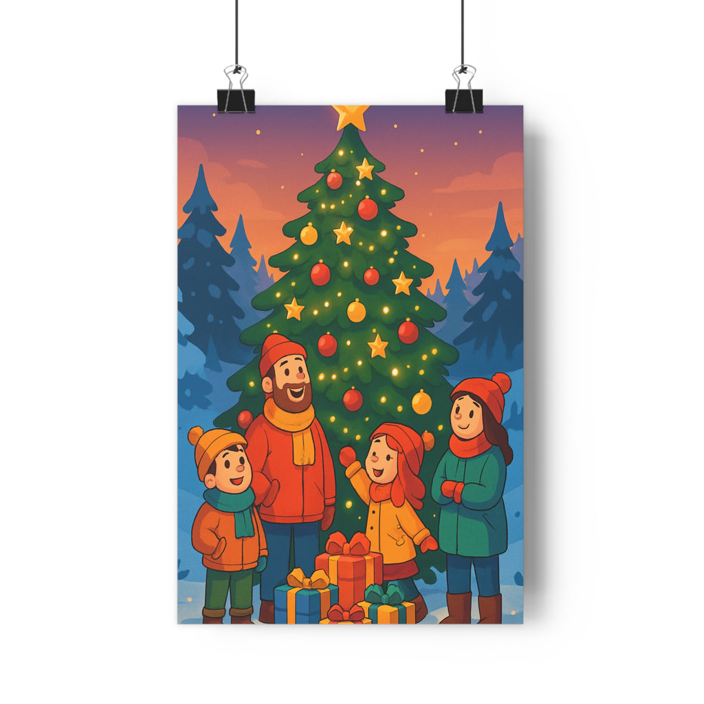 Poster décoratif scène festive joyeux Noël rouge jaune cartoon salon enfant cadeau étoile ambiance