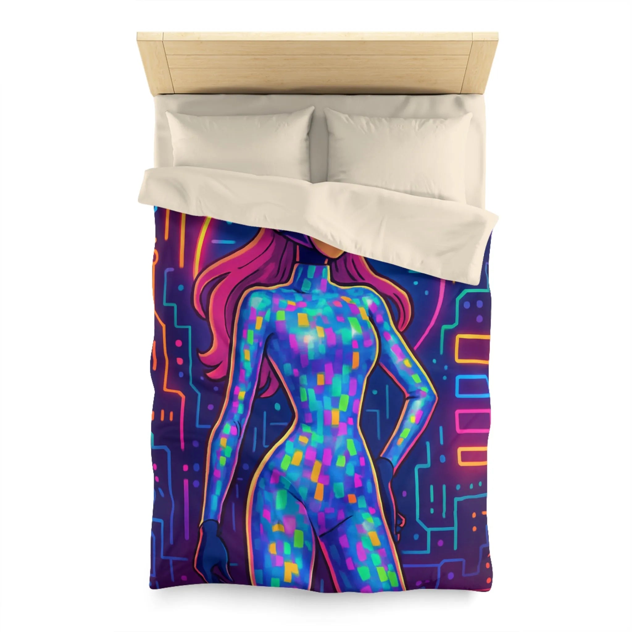 Housse de couette futuriste néon avec motif de femme cyborg colorée et lumineuse