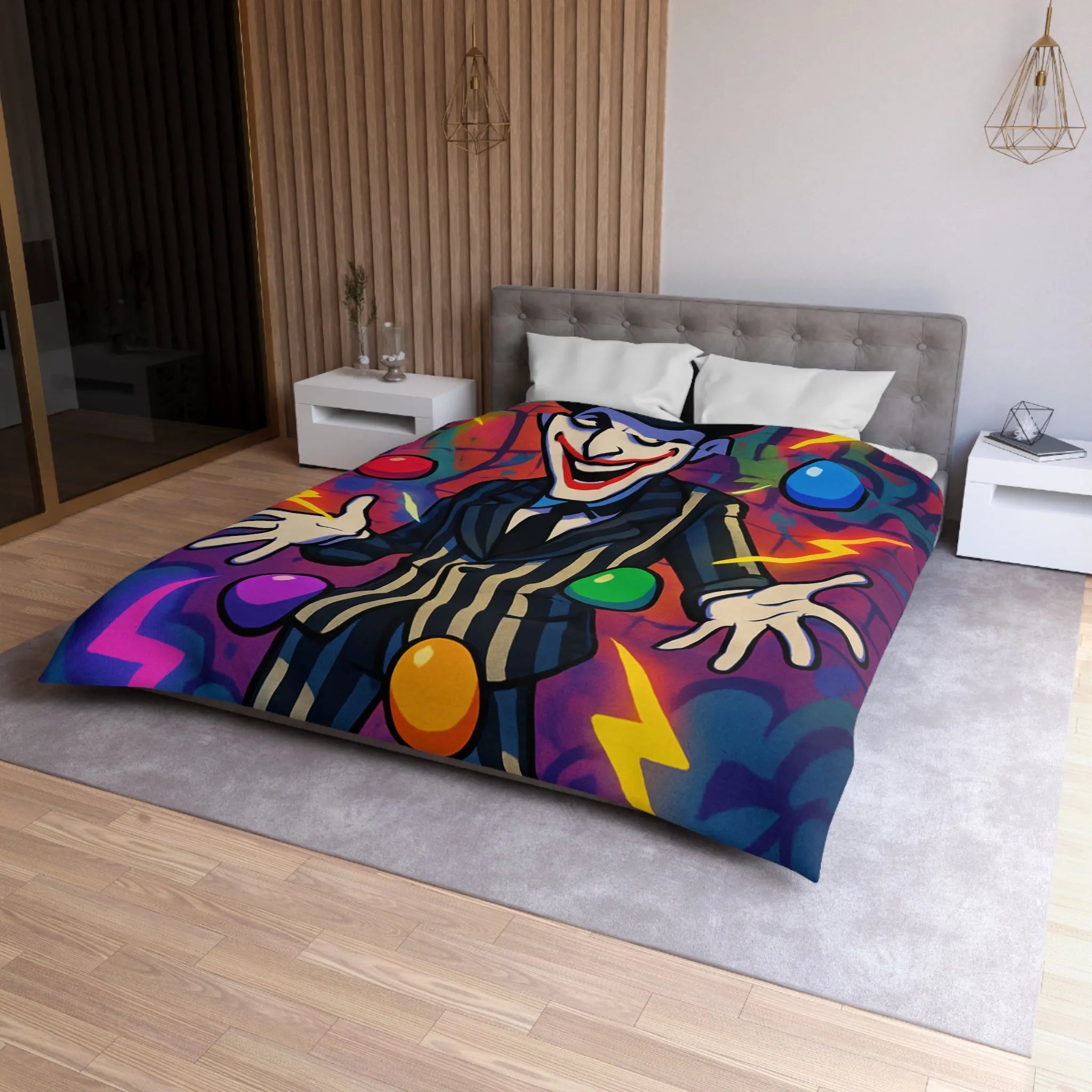 Housse de couette clown rayé jonglant avec des éclairs et des formes colorées