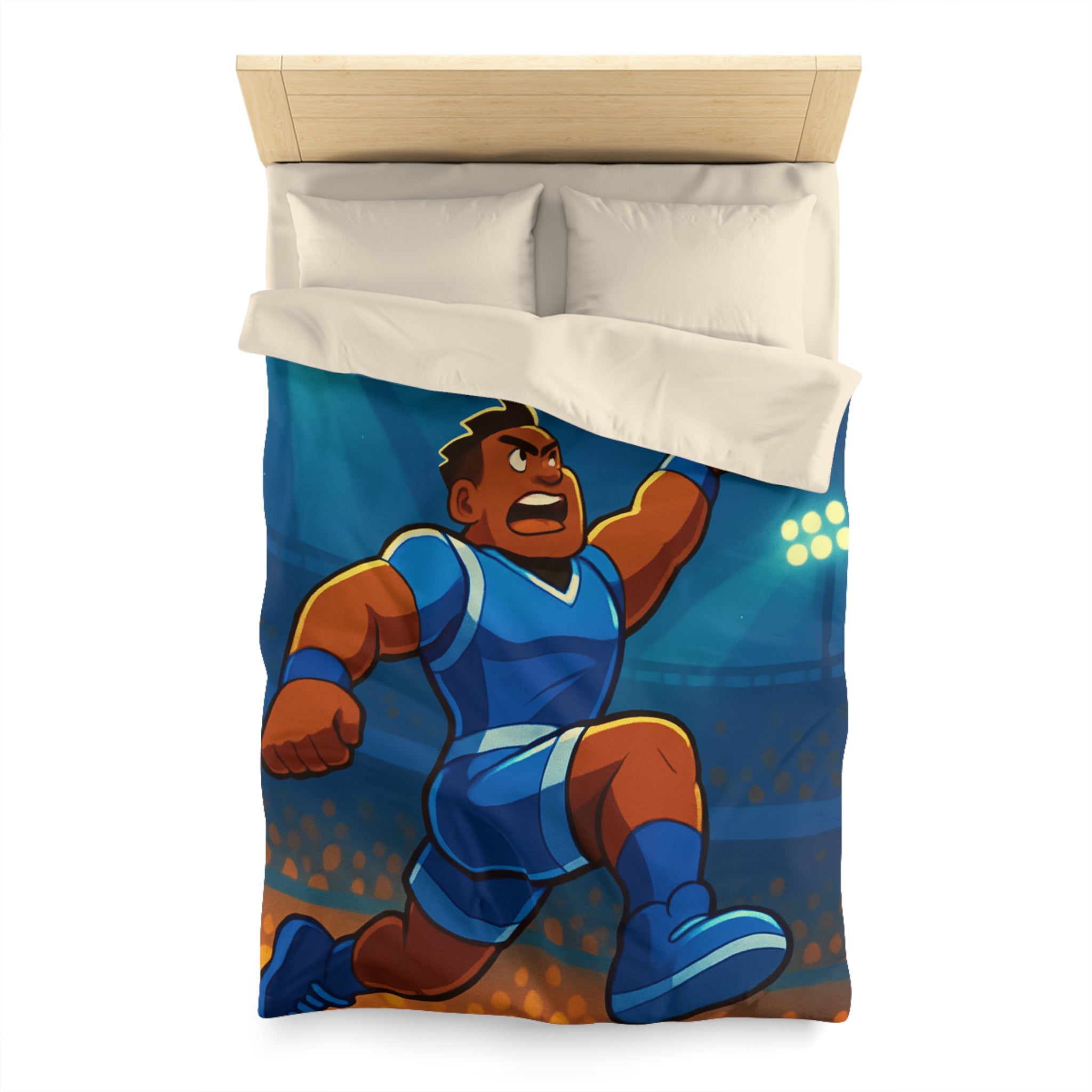 Housse de couette sportive illustrée avec joueur de basketball dynamique et ballon lumineux