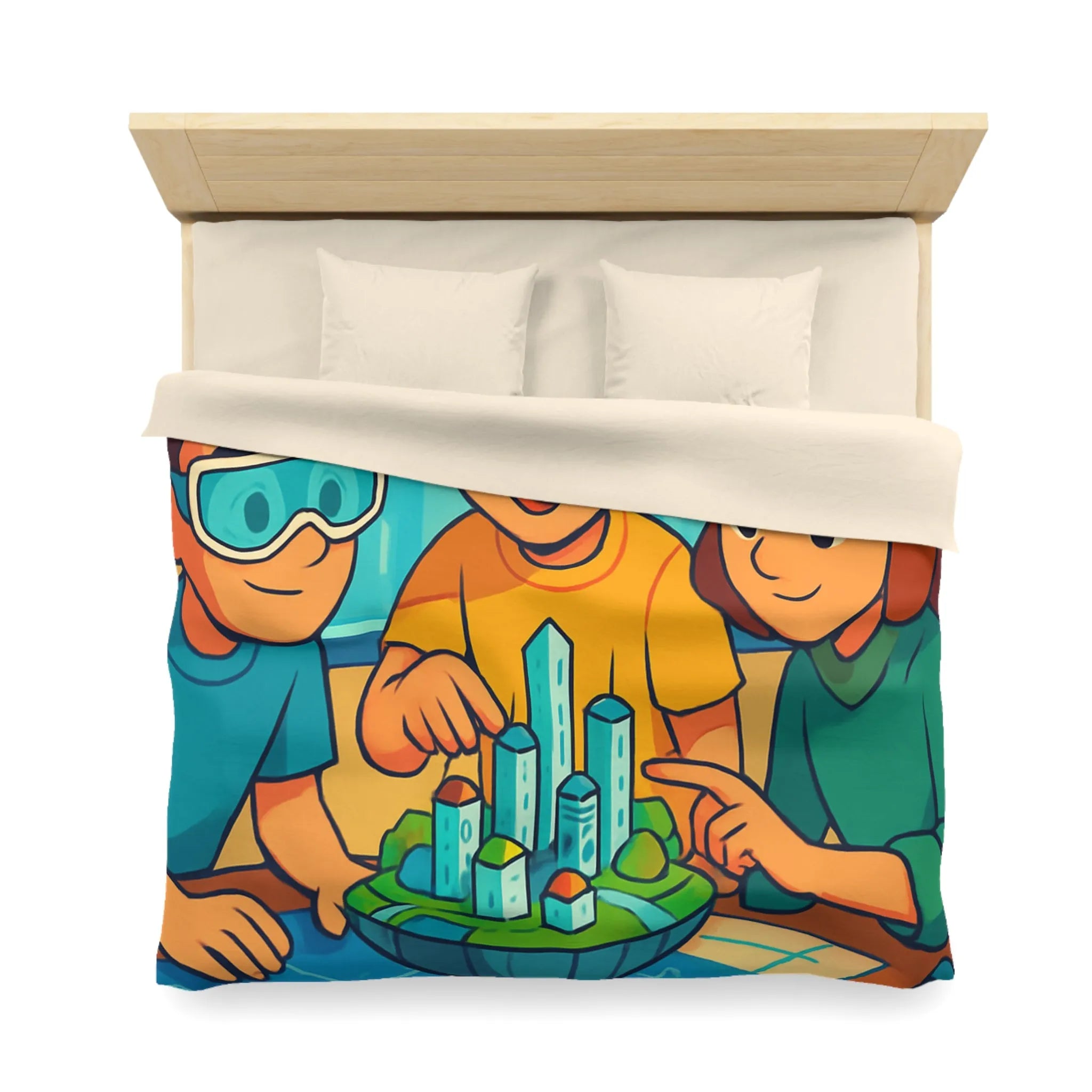 Housse de couette avec design futuriste ludique, enfants explorant une ville miniature colorée