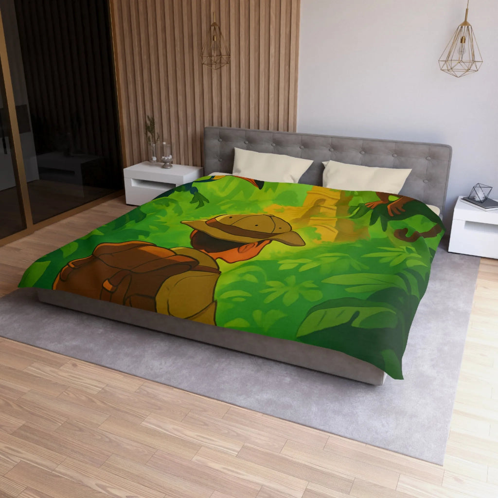 Housse de couette jungle avec aventurier, singe et toucan, ambiance explorateur