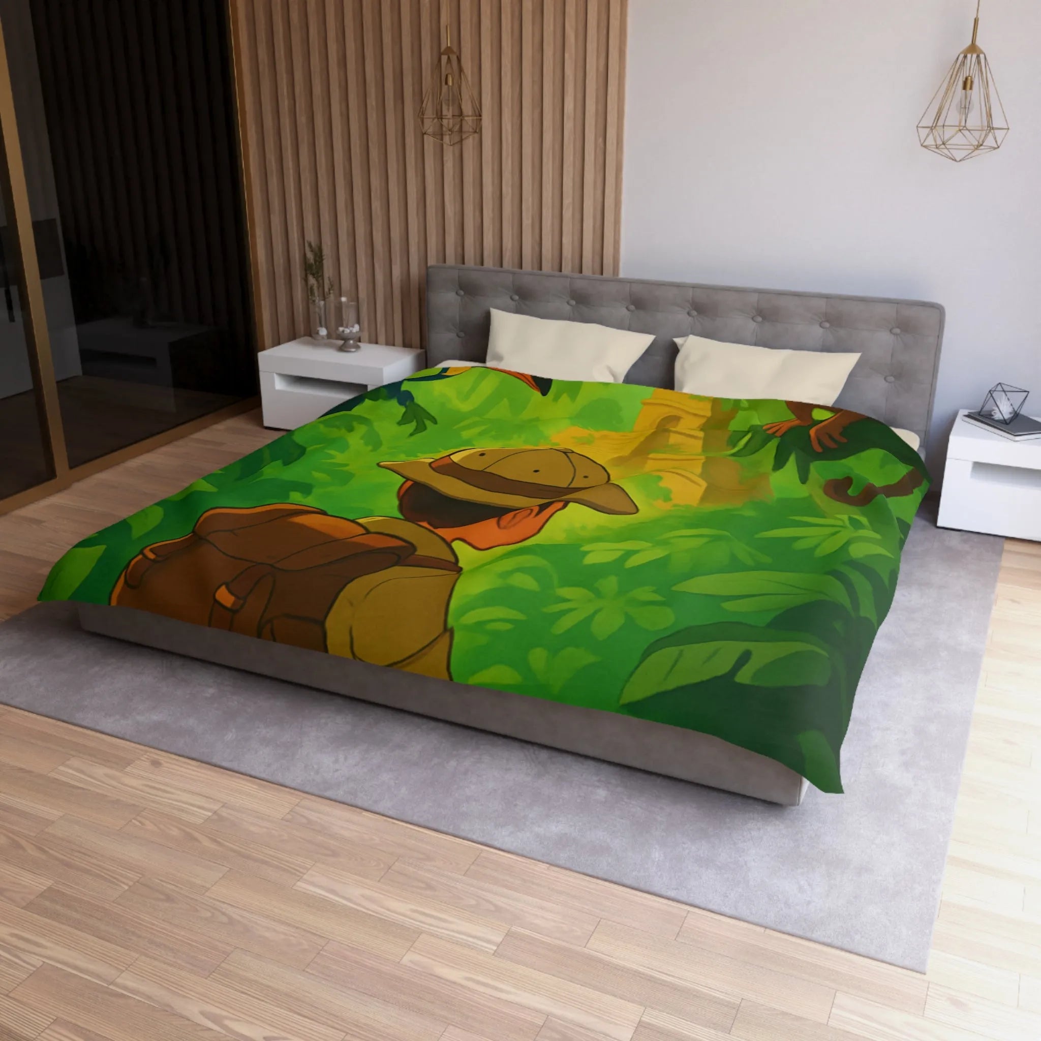 Housse de couette jungle avec aventurier, singe et toucan, ambiance explorateur