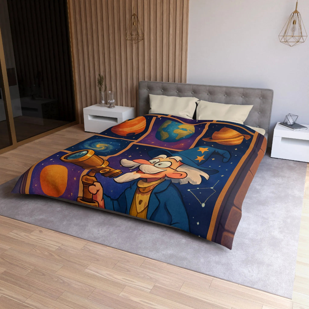 Housse de couette colorée avec astronome et planètes pour chambre d'enfant magique