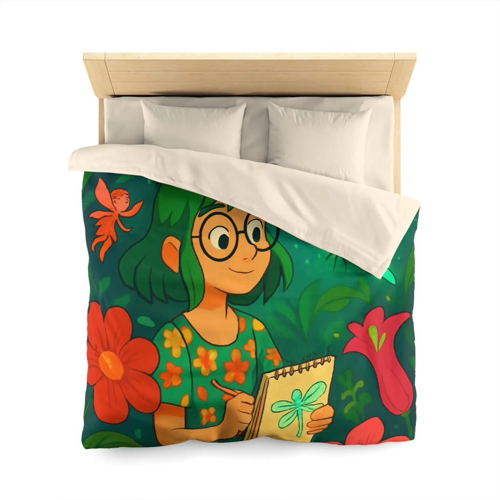 Housse de couette colorée avec fées et libellule dans un jardin enchanteur