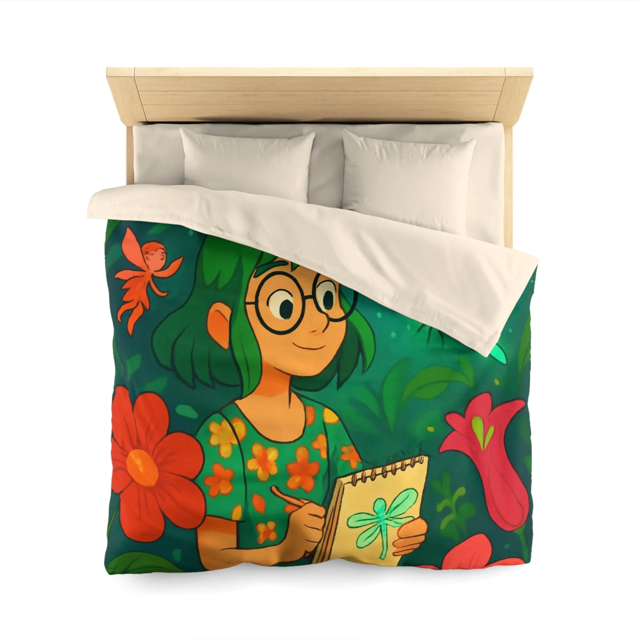 Housse de couette colorée avec fées et libellule dans un jardin enchanteur