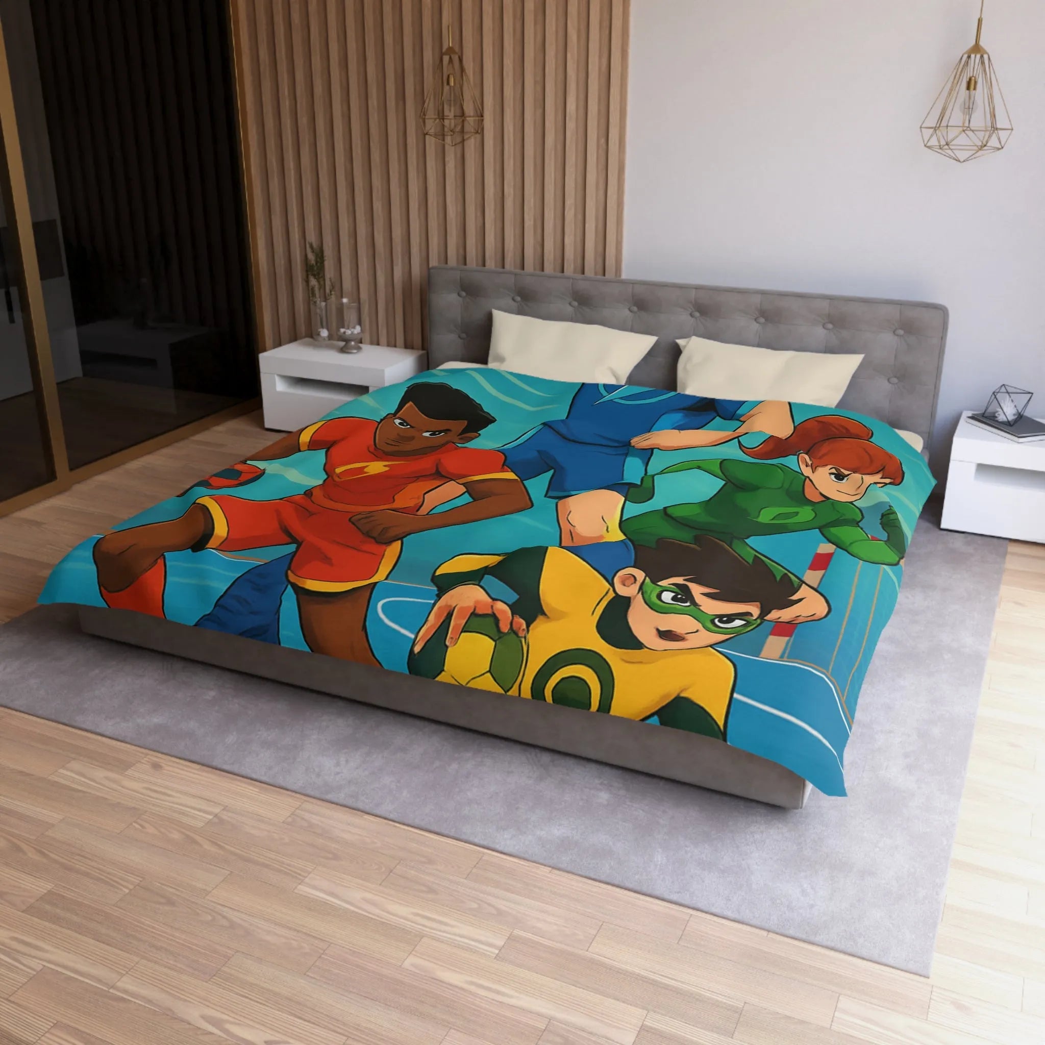 Housse de couette colorée super-héros, style bande dessinée sports, enfants aventure dynamique