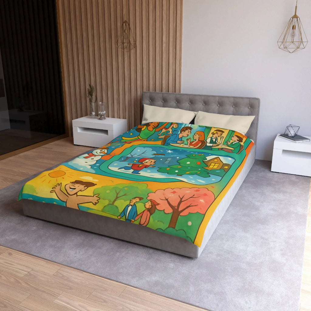 Housse de couette colorée illustrant quatre saisons et festivités pour enfants