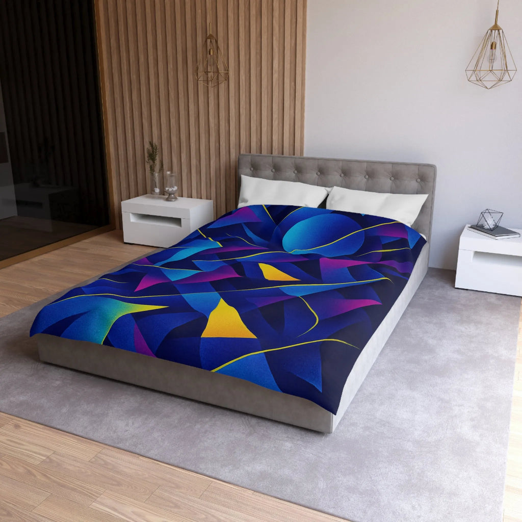 Housse De Couette Bleu Sombre Géométrique Avec Touches Jaunes Et Violettes Vibrantes