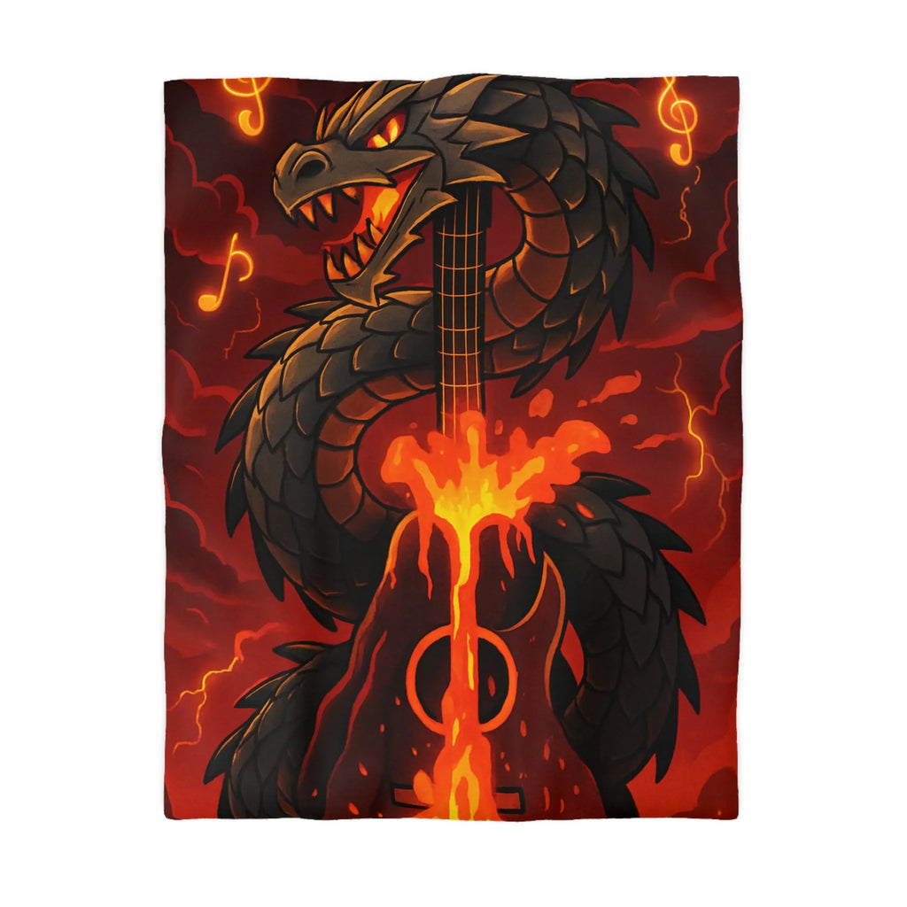 Housse de couette avec dragon noir majestueux et flammes incandescentes, ambiance épique