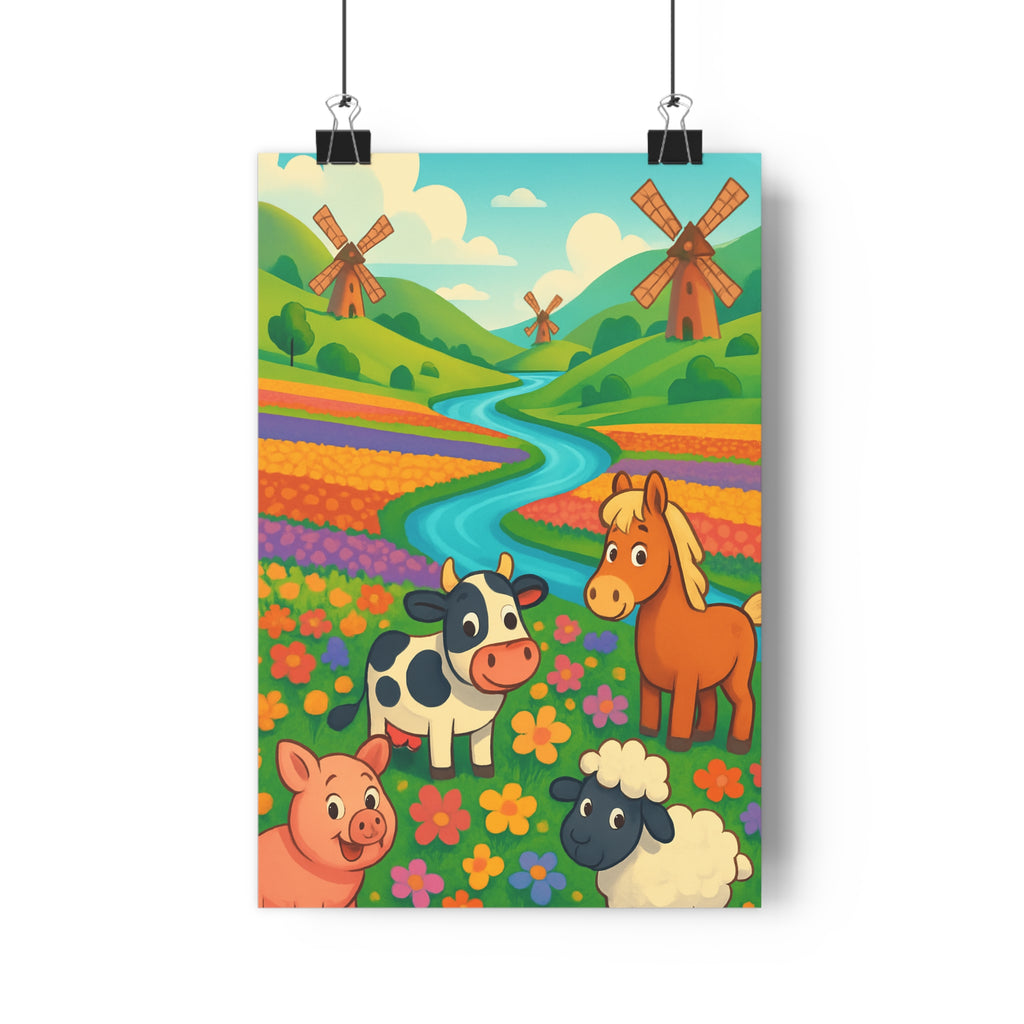 Poster décoratif coloré joyeux cartoon chambre enfant nature animaux fleurs vibrant unique paysage qualité