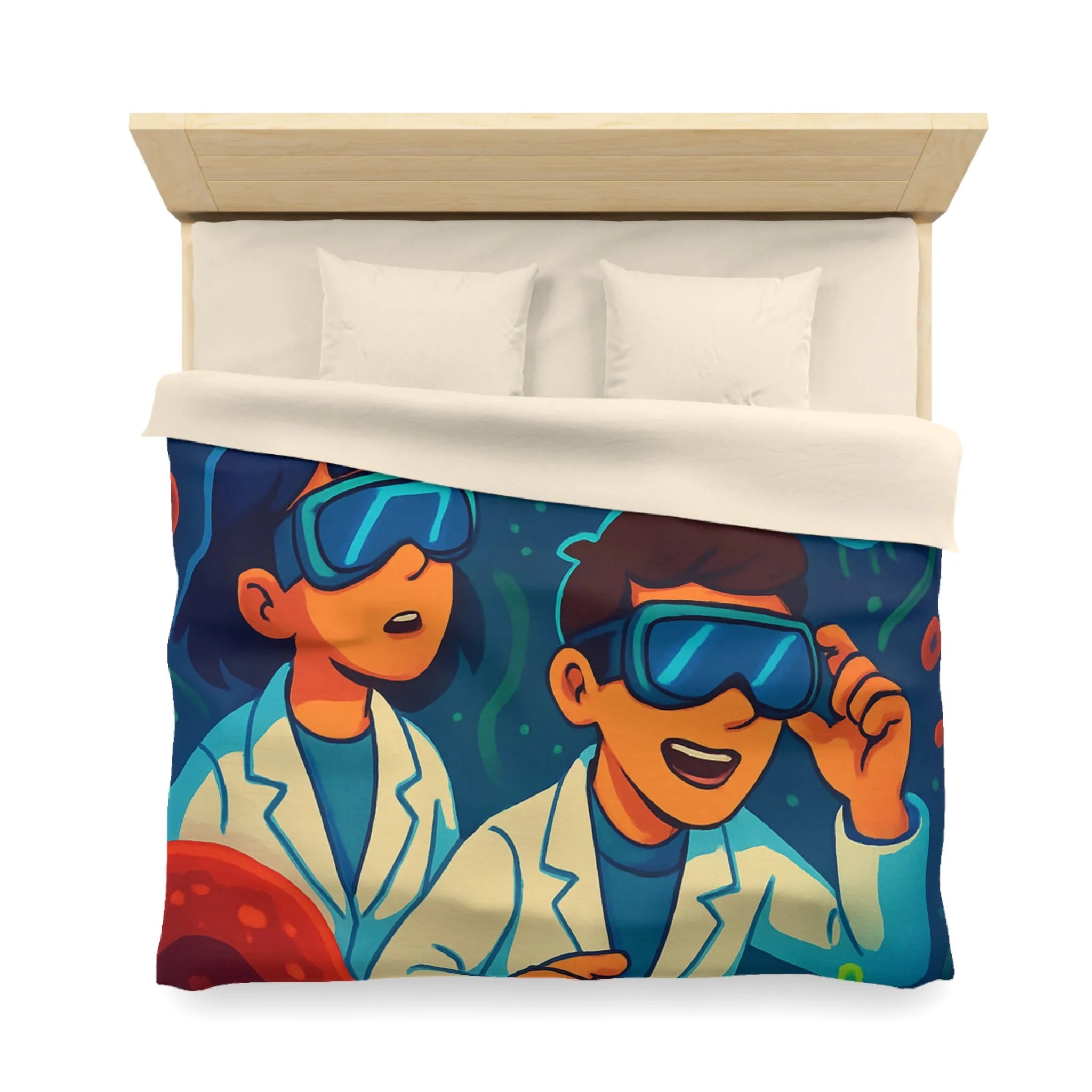 Drap housse scientifique ludique avec chercheurs et microbes éclatants en couleurs vibrantes et vives