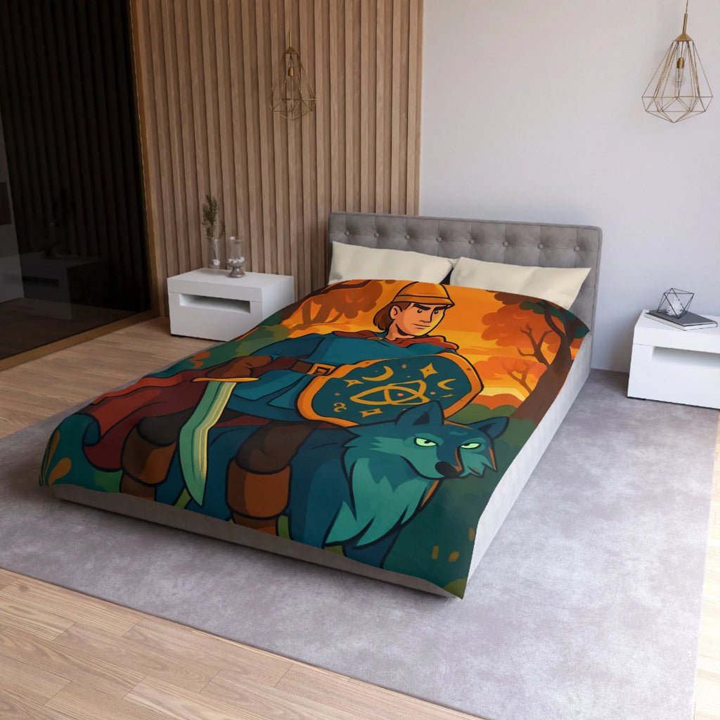 Housse de couette fantastique avec chevalier médiéval et loup dans forêt enchantée vibrante