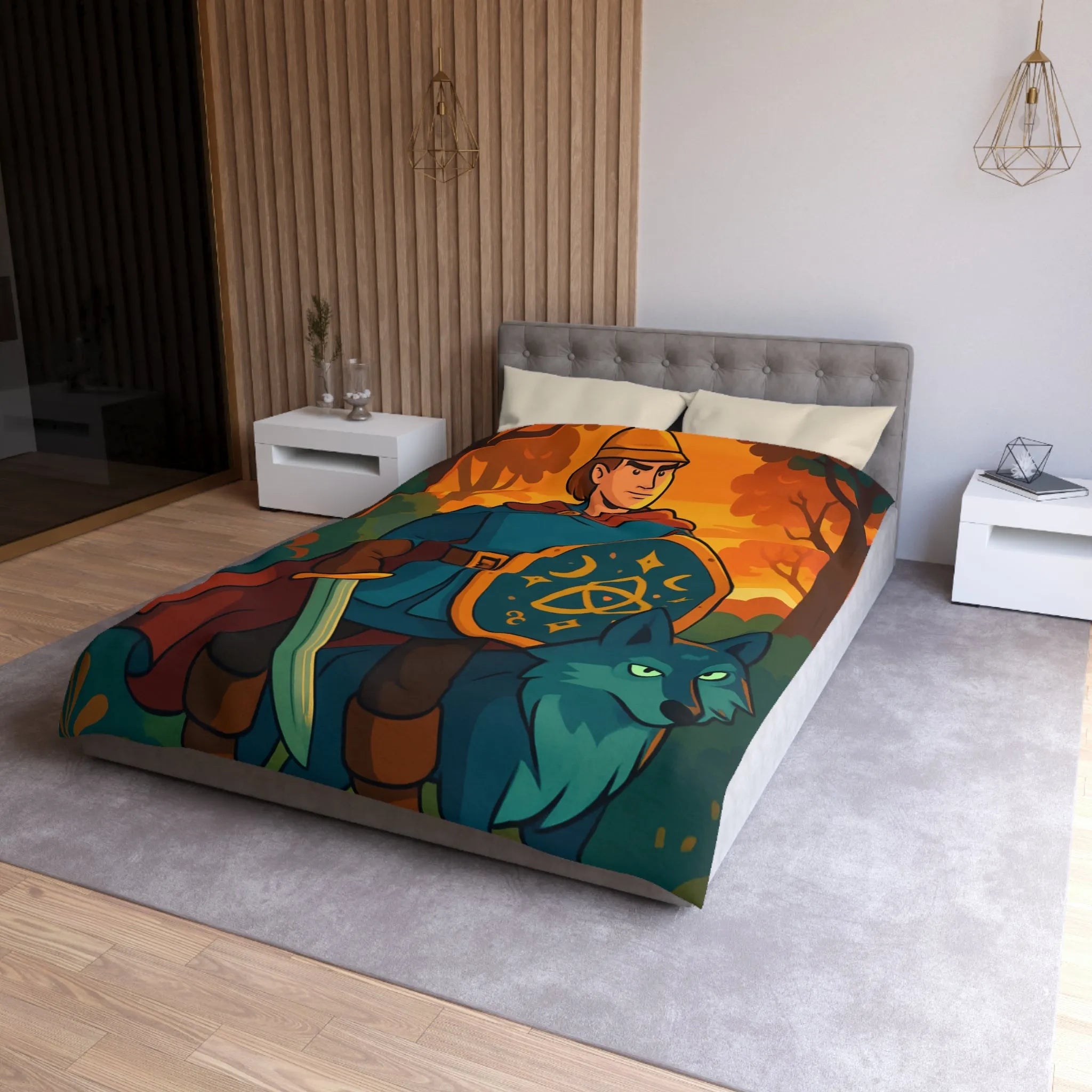 Housse de couette fantastique avec chevalier médiéval et loup dans forêt enchantée vibrante