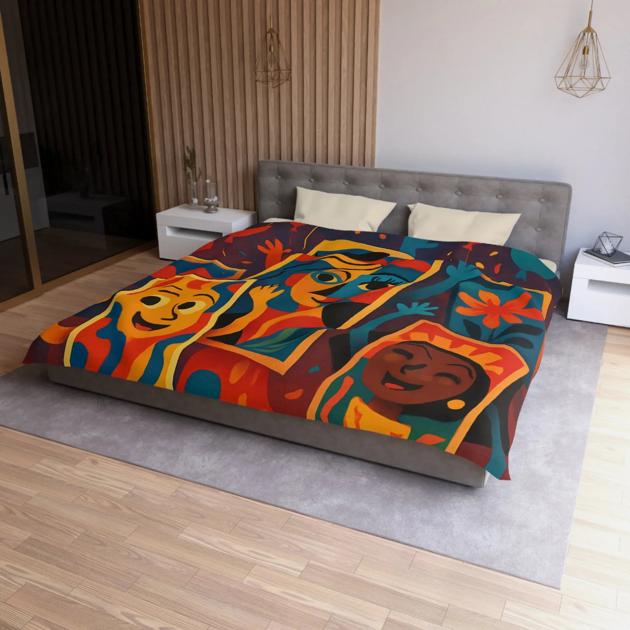 Housse de couette colorée comics avec motifs de fête et personnages joyeux