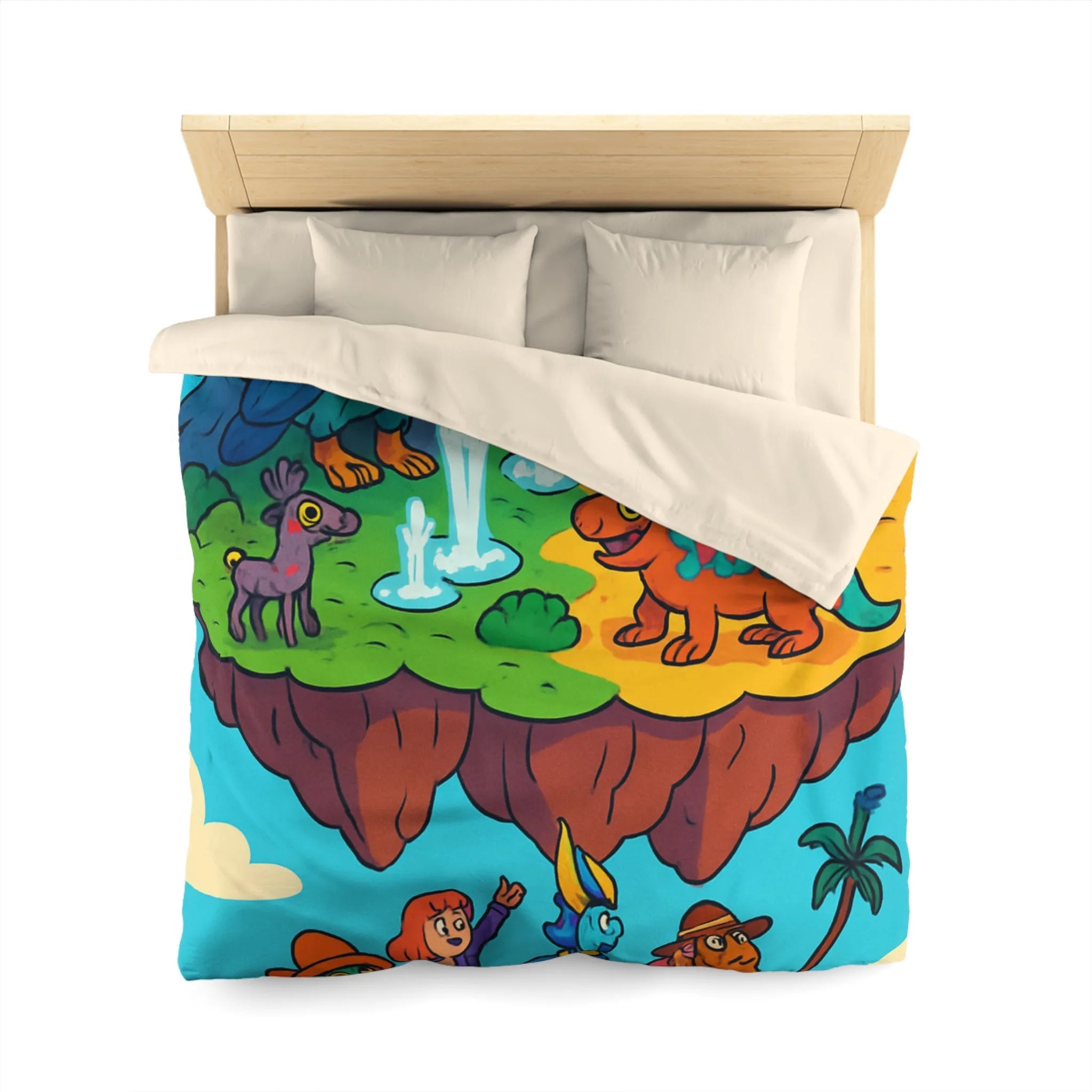 Housse de couette fantaisie avec animaux colorés sur une île flottante magique