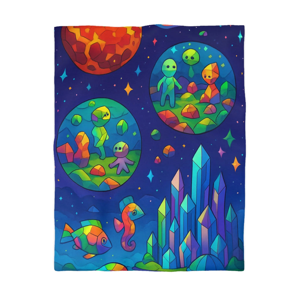 Housse de couette colorée avec paysages extraterrestres, créatures mignonnes et cristaux célestes