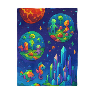 Housse de couette colorée avec paysages extraterrestres, créatures mignonnes et cristaux célestes