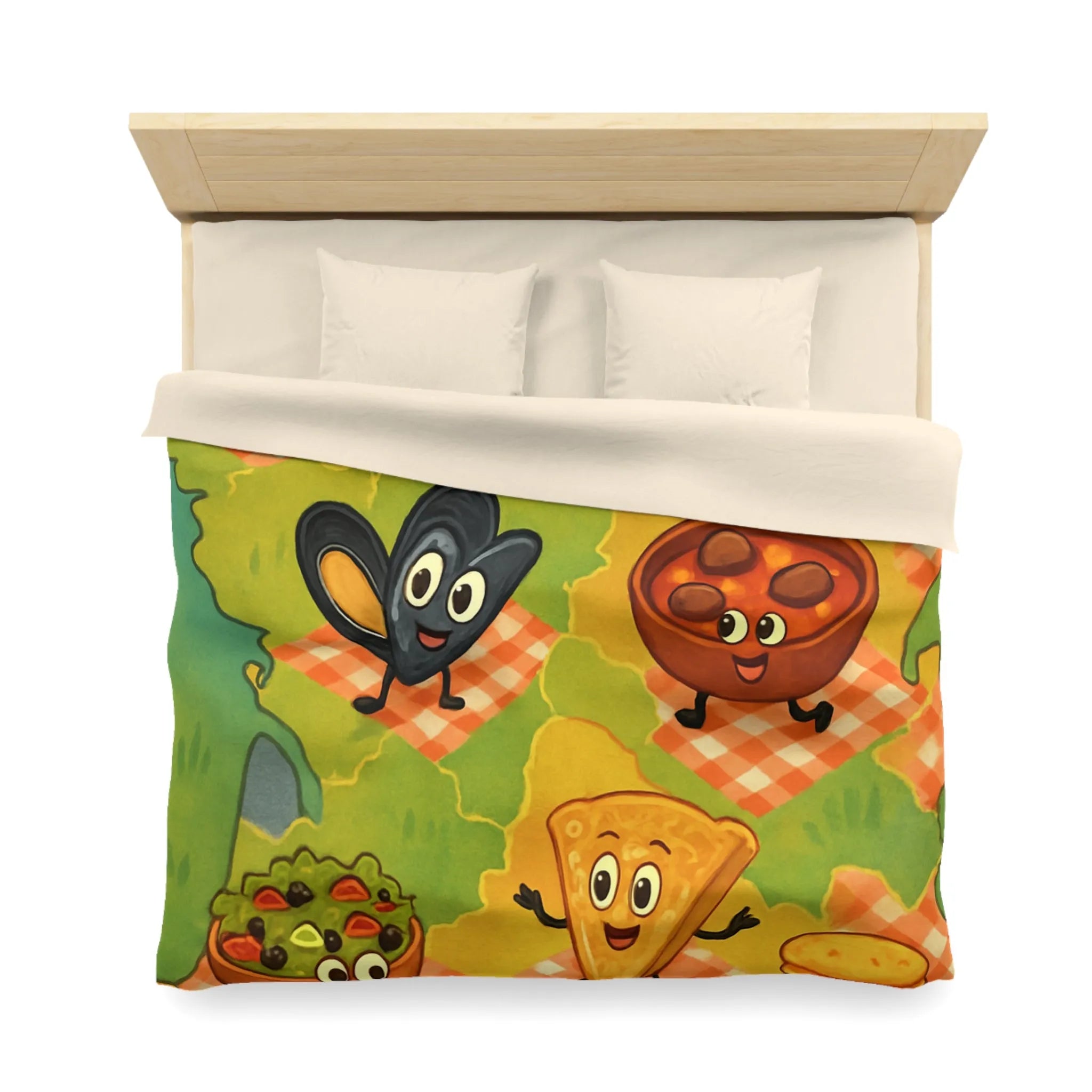 Housse de couette colorée avec motif ludique de spécialités culinaires françaises