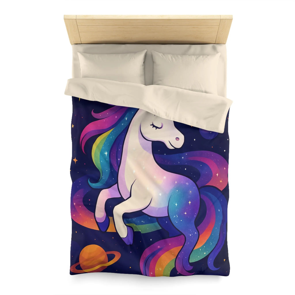 Housse de couette féerique avec licorne et planètes dans un ciel étoilé vibrant
