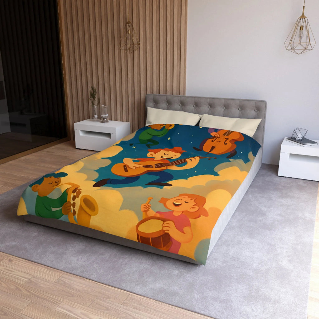 Housse de couette colorée avec musiciens joyeux flottant parmi les nuages étoilés