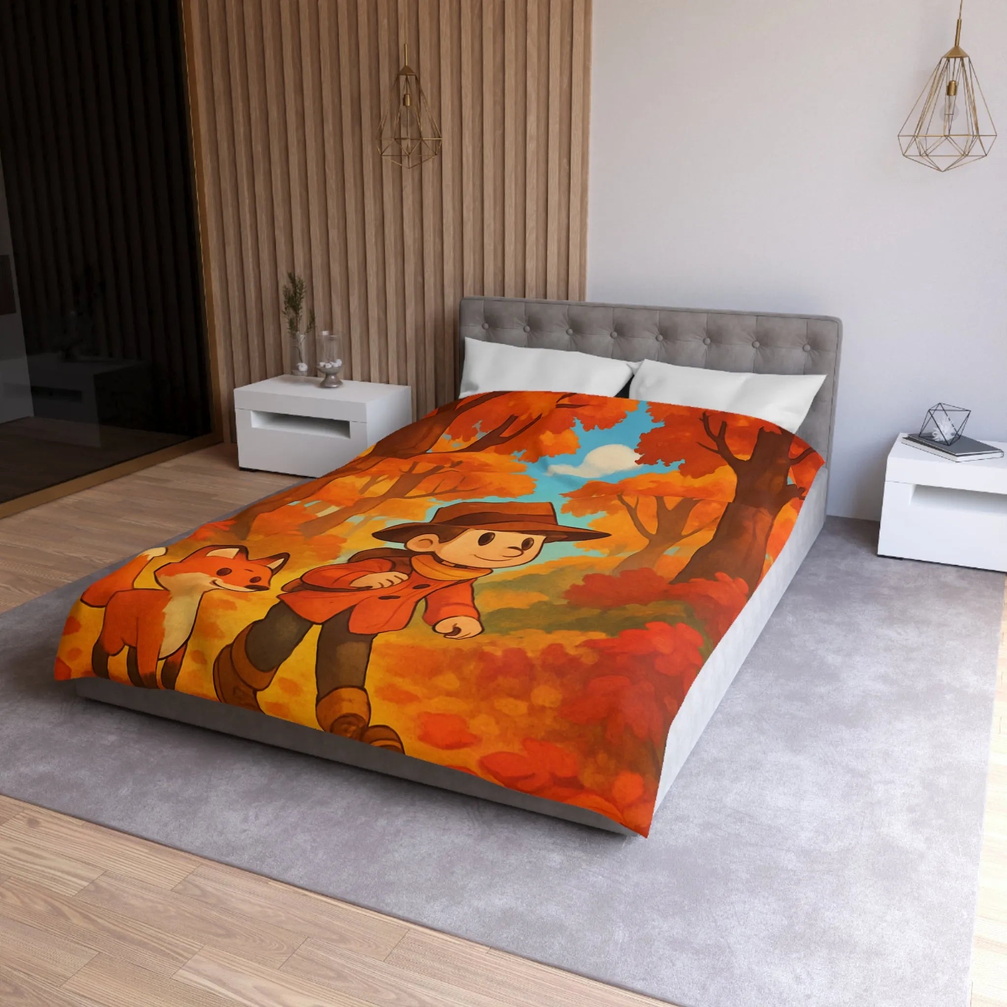 Housse de couette enfant colorée aux tons automnaux avec un renard et un garçon