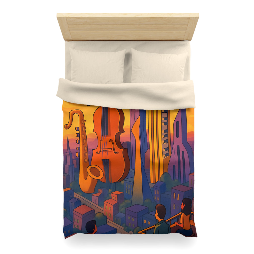 Housse de couette urbaine avec des instruments géants flottant au coucher de soleil vibrant