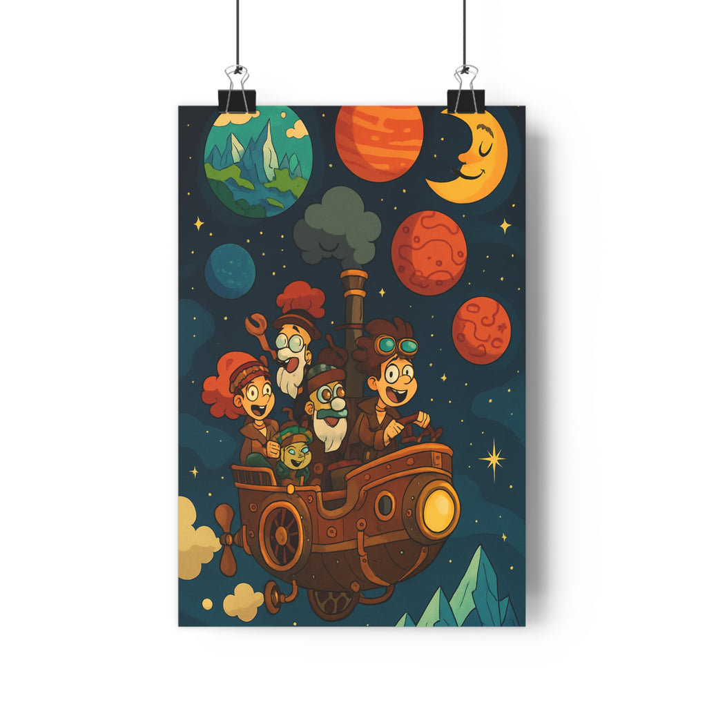 Poster décoratif aventure coloré steampunk rétrofuturiste joyeux chambre enfant ludique cosmique dessin animé qualité