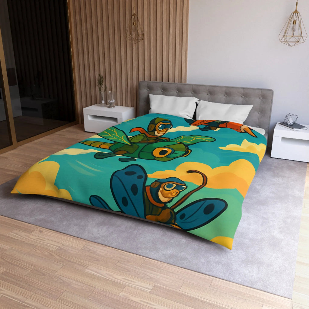 Housse de couette avec motif ludique d'avions insectes sur fond de ciel coloré