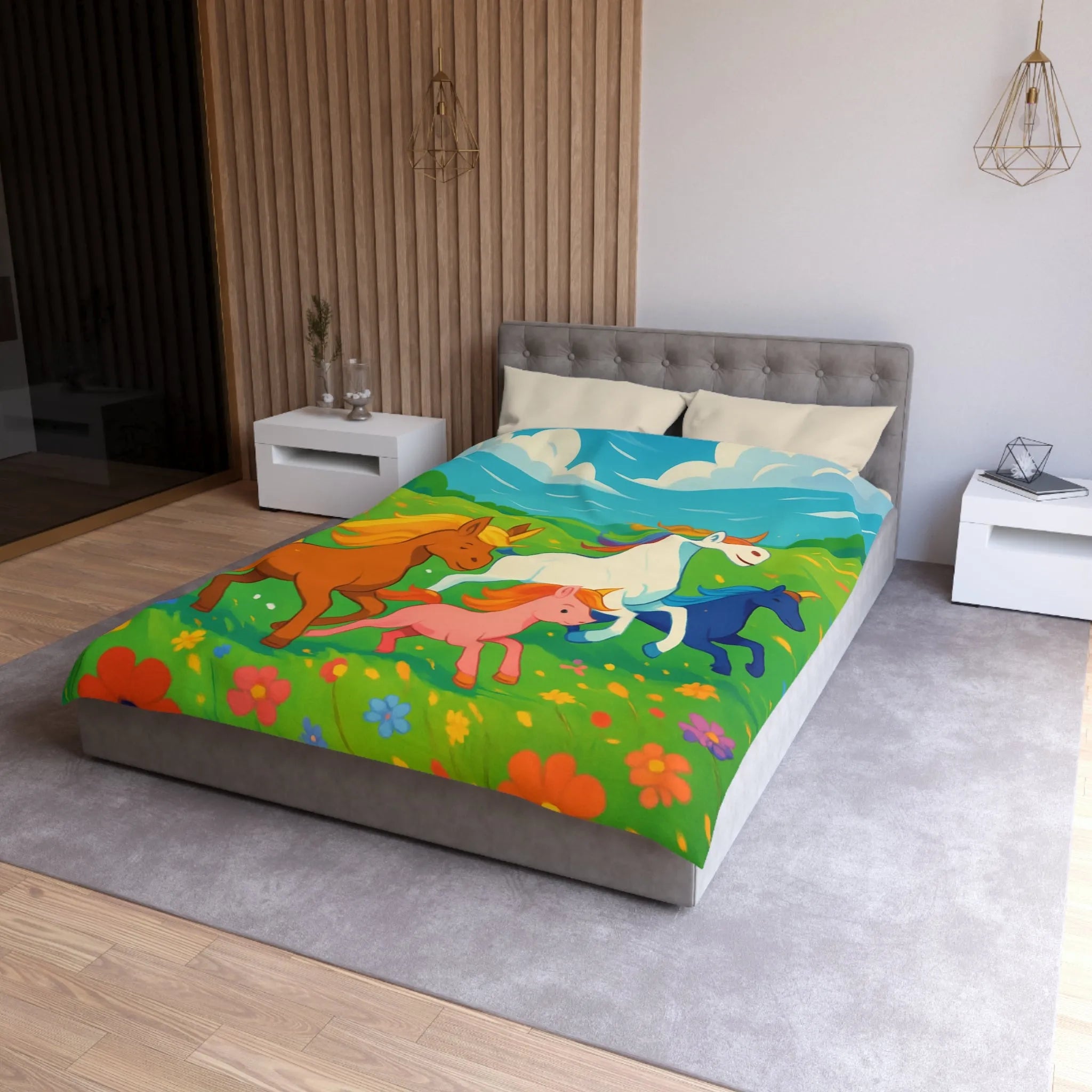 Housse de couette colorée avec prairies luxuriantes et chevaux arc-en-ciel en galop