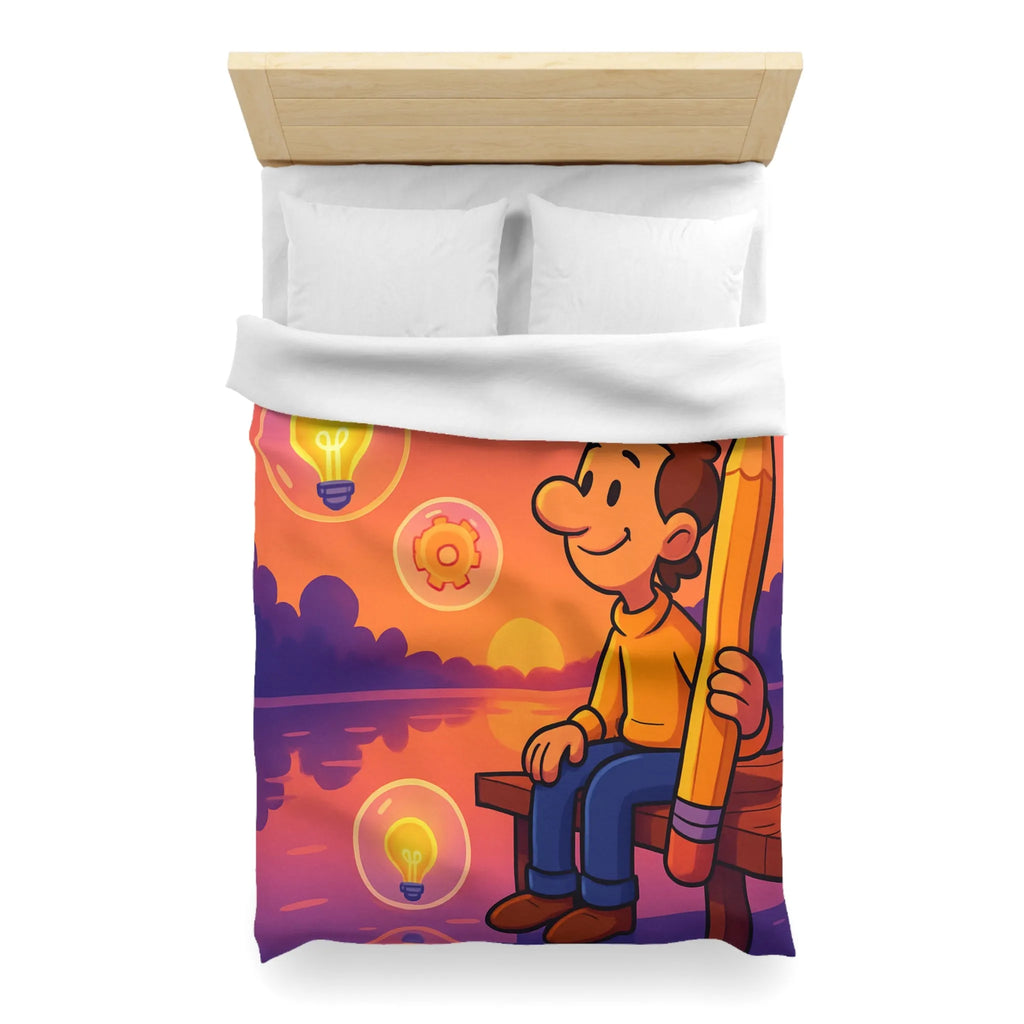 Housse de Couette Créative Avec Personnage Dessinant au Couchant et Ampoules Inspirantes
