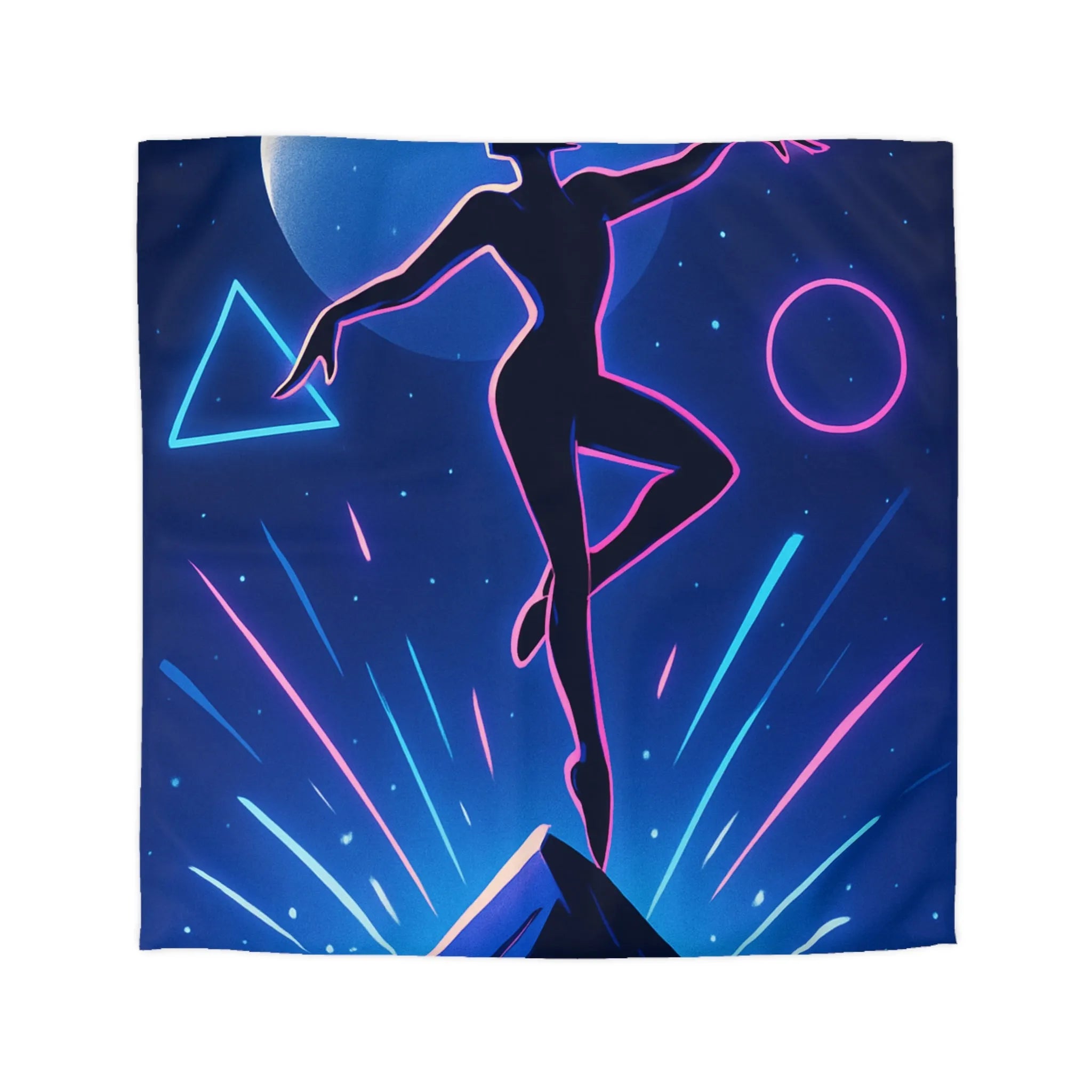 Housse de Couette Étoilée avec Silhouette Danseuse et Formes Géométriques Néon dans le Ciel