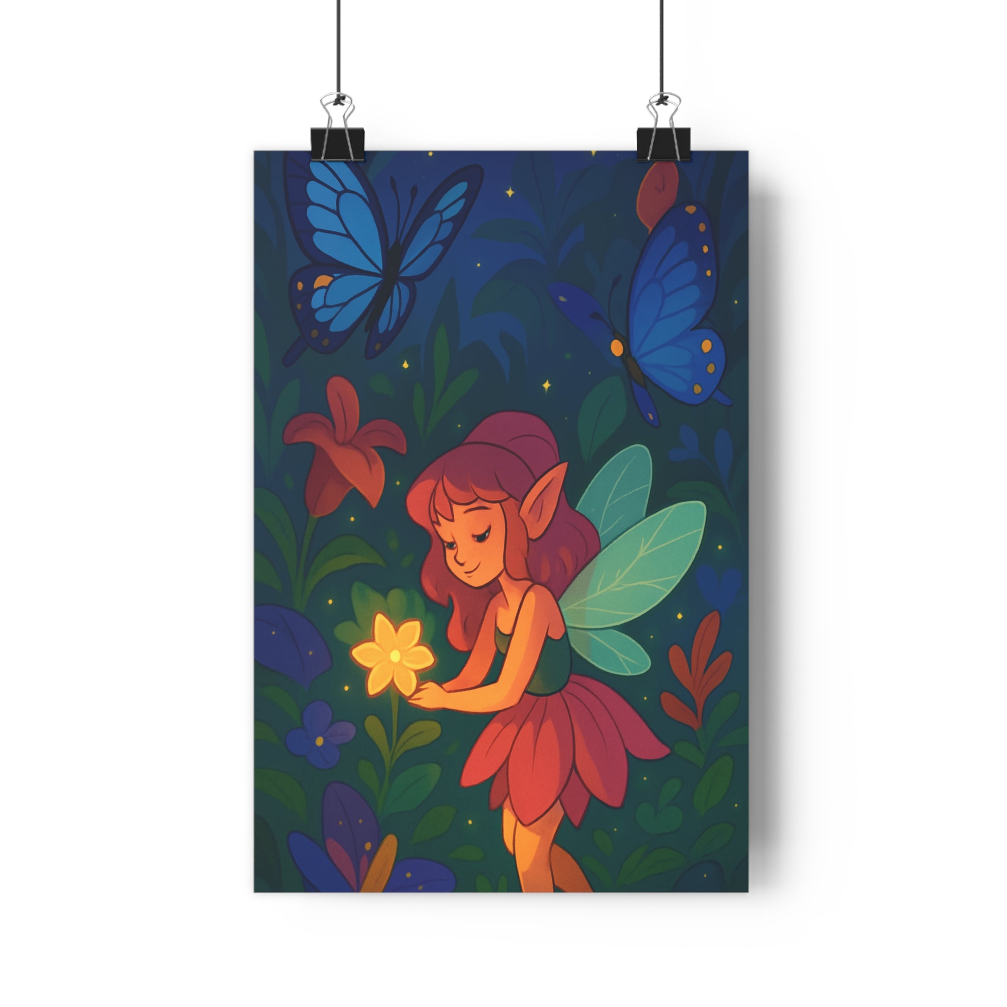 Poster décoratif cartoon fée magique vert pastel enfant chambre jardin fleurs nature apaisant 30x46