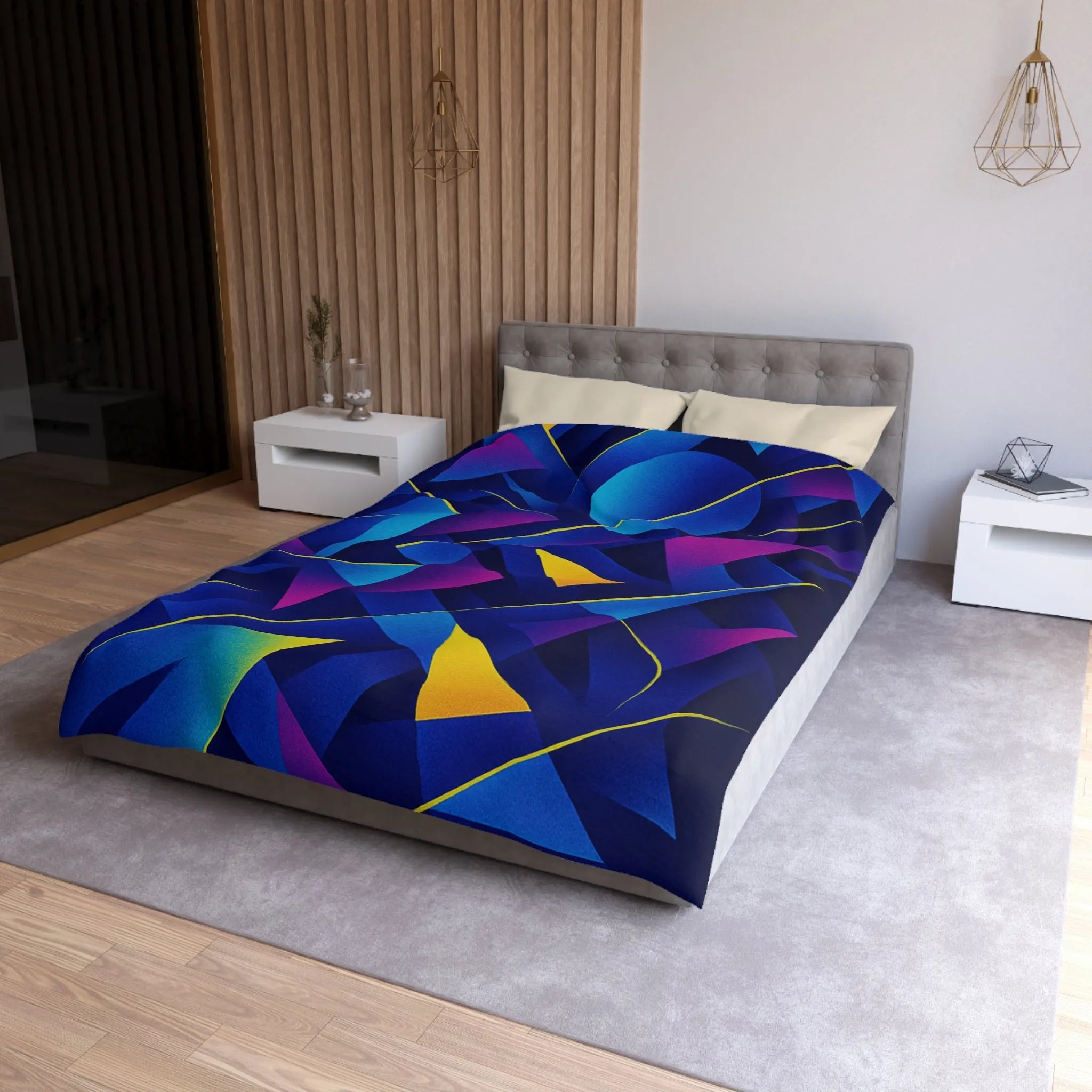 Housse De Couette Bleu Sombre Géométrique Avec Touches Jaunes Et Violettes Vibrantes