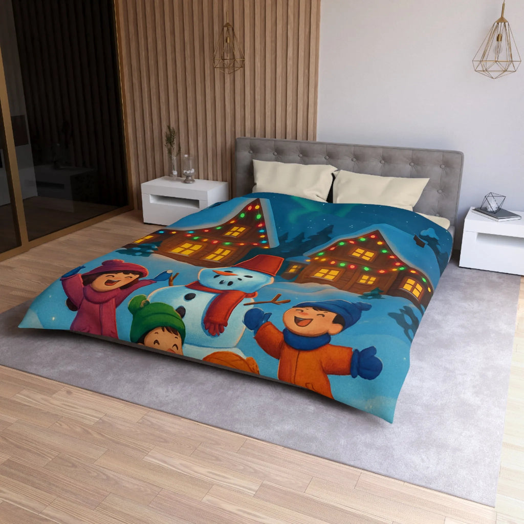 Housse de couette enfants avec design joyeux d'hiver, neige et cabanes éclairées