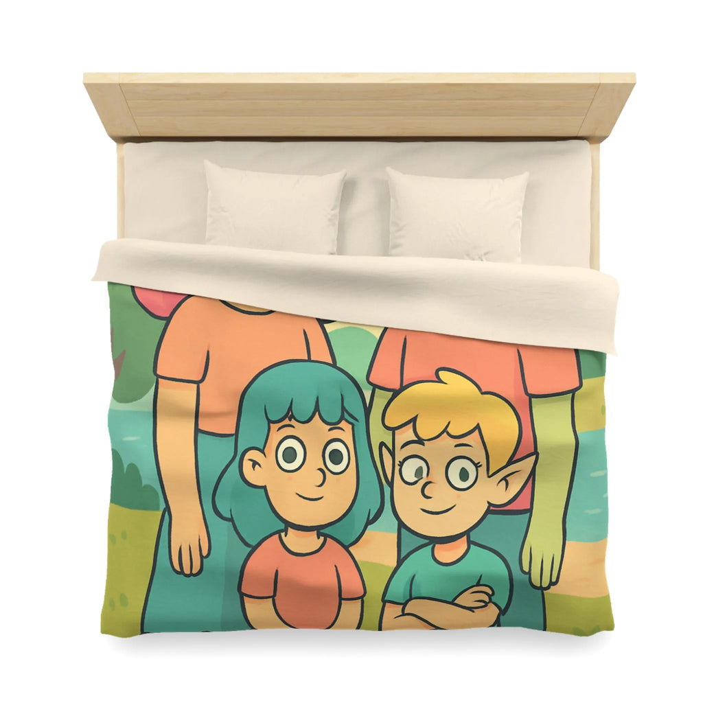 Housse de couette chaleureuse illustrant une famille enchantée et ses animaux compagnons ludiques