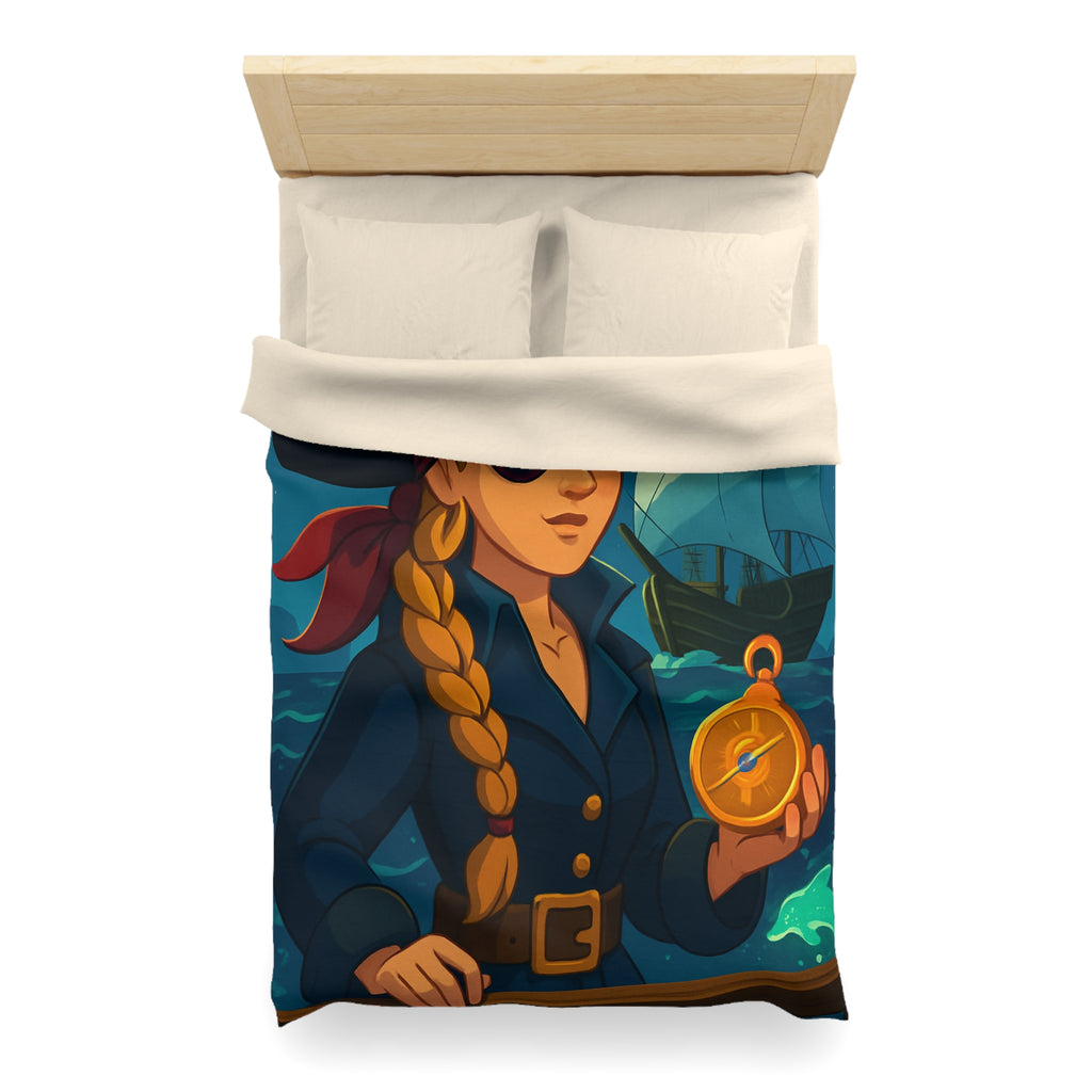 Housse de couette pirate colorée avec femme audacieuse, boussole et bateau illuminé