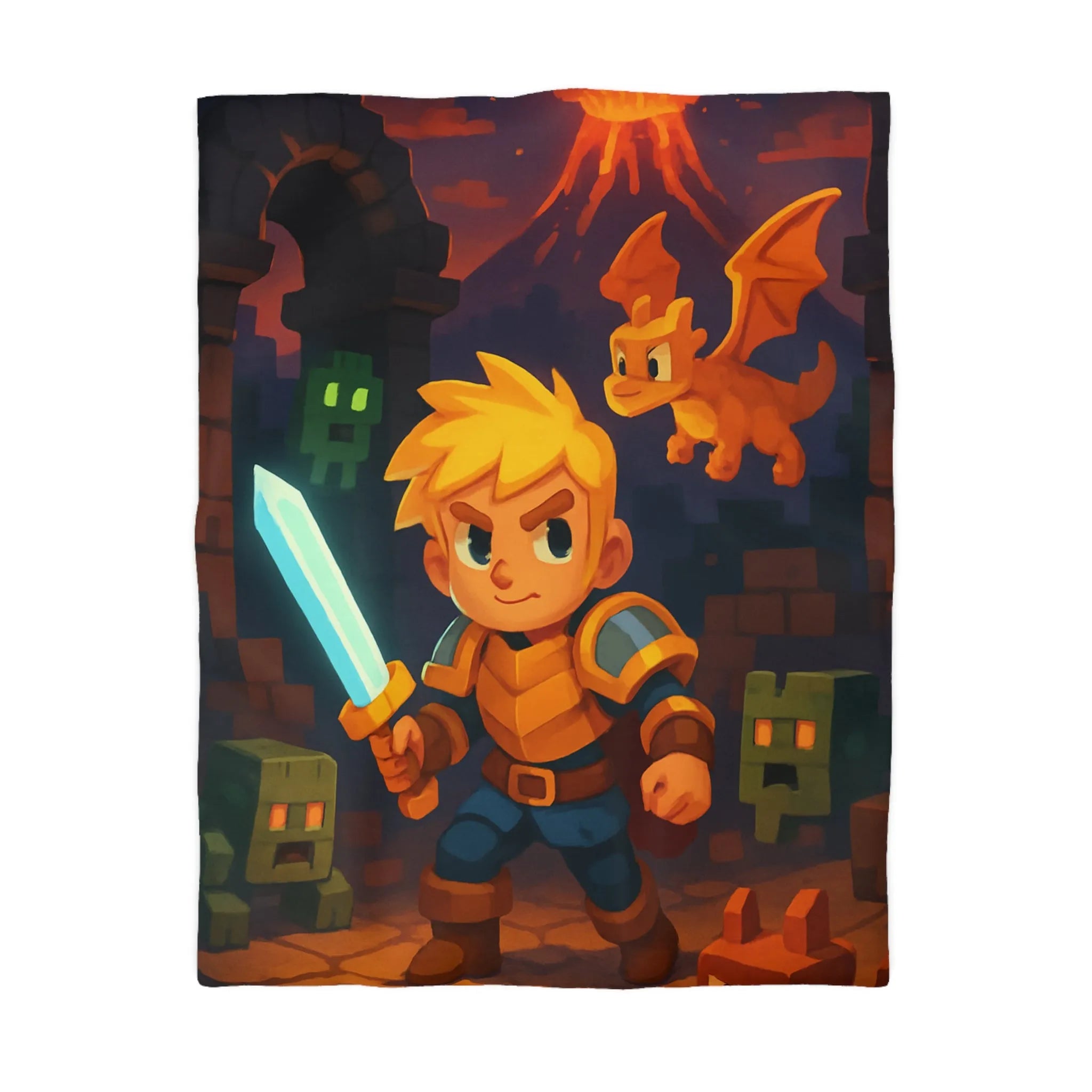 Housse de couette aventure épique avec guerrier, dragon, créatures et volcan en arrière-plan